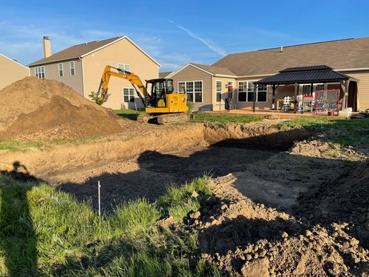 A backyard excavation and foundation trench dug alongside a home